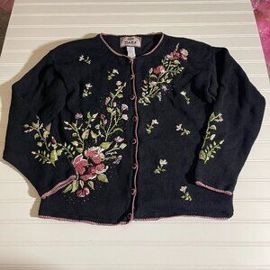 Vintage Tiara International Embroidered Cardigan Womens S Floral Black Cottage